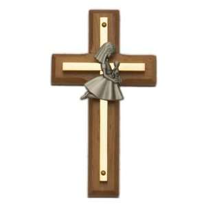 Wood/Brass Wall Cross with Fine Pewter Praying Girl Casting 