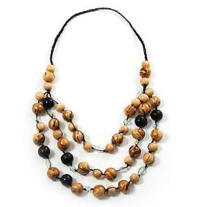  Long Layered Beige Brown Wood Bead Cotton Cord Necklace 