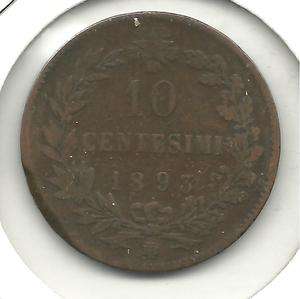 NICE 1893 B 10 CENTESIMI ITALIAN COIN WEAK RIM  