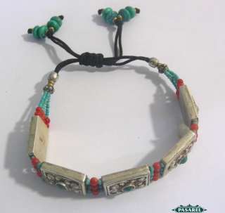 Fine Handmade Tibetan Sterling Silver Turquoise & Corals Link Bracelet 
