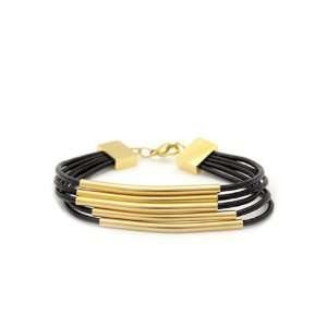 apop nyc Genuine Black Multi Strand Leather Bracelet 7 inch with Gold 