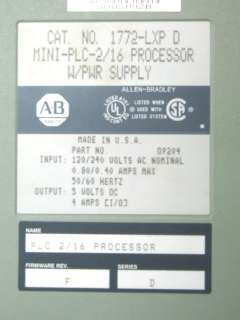 Allen Bradley 1772 LXP/D PLC 2/16 Processor Firmware F  