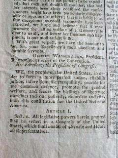 1787 newspaper US CONSTITUTION printing  1st report  signed by GEORGE 