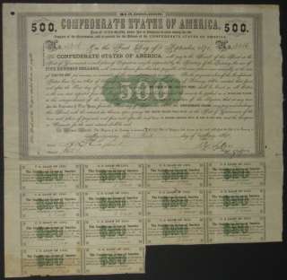 500 Confederate Bond, Act of Feb 8, 1861, Green Scroll, with 14 