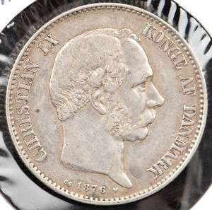 1876 CS Denmark Christian IX Silver 2 Kroner   XF  