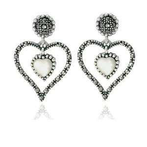   Sterling Silver Marcasite and Mother of Pearl Heart Earrings Jewelry