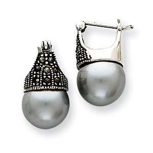   Sterling Silver Marcasite and Simulated Pearl Hoop Earrings: Jewelry