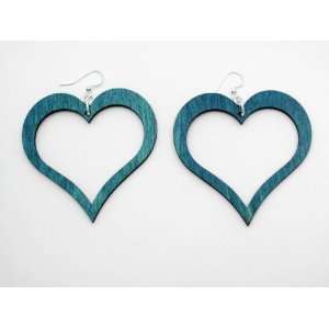  Teal Open Heart Wooden Earrings GTJ Jewelry
