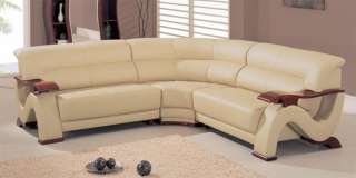 Contemporary Beige Leather Sectional Sofa with Mahogany Armrest Modern 