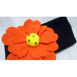   Large Bright Orange Flower Winter Ear Warmer Black Headband, Limited