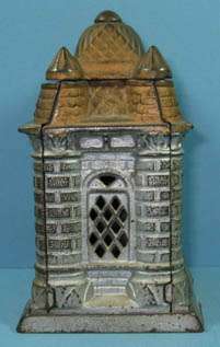 1895/06 FOUR TOWER CAST IRON TOY BANK BUILDING GUARANTEED OLD 