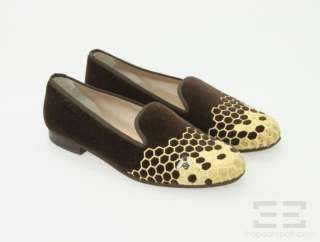 Stubbs & Wootton Brown Velvet Honeycomb Embroidered Flats Size 9.5 