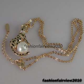 40CM 15.7 Gold GP Swarovski Crystal Pearl Leopard Pendant Necklace 
