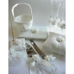  White 7 Pc Wedding Accessory Set with Satin Roses 
