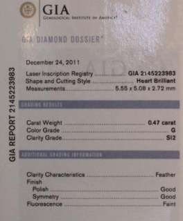 loose GIA certified heart .47ct diamond SI2 G vintage estate antique 