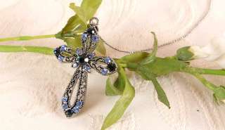 Royal Cross pendant necklace Swarovski Blue Crystal n11  