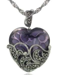Sterling Silver Amethyst Glass Marcasite Heart Pendant  