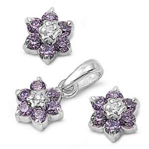  Sterling Silver & Amethyst CZ Flower Earring & Necklace 