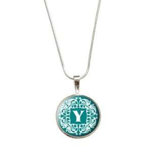 Letter Y Initial Teal and White Scrolls Pendant with Sterling Silver 