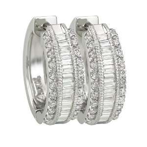 14K White Gold 3/4 ct. Round and Baguette Cut Diamond Huggie Earrings