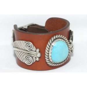  Turquoise Bracelet Sterling Silver on Brown Leather 
