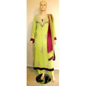   Ladies Suit   Green and Purple with White Stone Work 
