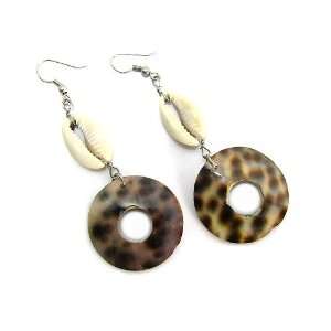 Leopard Spots Round Organic Shell Dangle Earrings with Cowrie Shell 