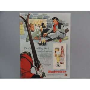  Budweiser Beer man/woman ski lodge print ad, 40s vintage 