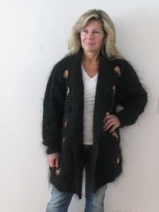 BLACK 70% MOHAIR FUZZY KNIT SWEATER LADIES COCOON GOLD STUD JACKET 