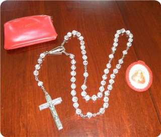 Vintage Clear Smooth Glass Bead & Silver Plate ROSARY w Zip Case 