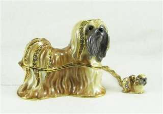 Swarovski Jeweled Lhasa Apso Dog Hinged Trinket Box w Pendant  