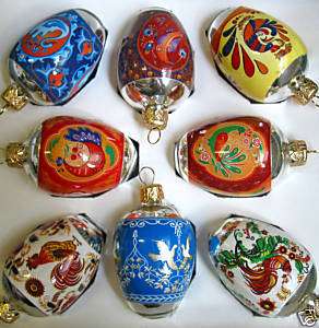 Pysanka/Ukie Glass Christmas Ornaments, Birds, set of 8  