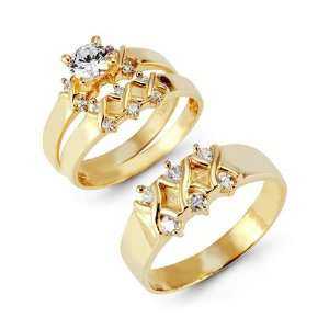  14k Solid Gold X Detail Round CZ Stone Wedding Rings 