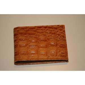 crocodile skin design on genuine cow hide bifold mens wallet Tan color