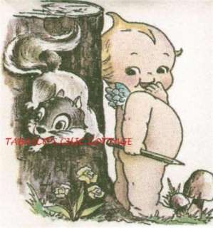 KEWPIE HIDING FROM SQUIRREL 5X7 FABRIC BLOCK  