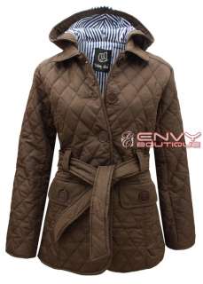   WOMENS LADIES QUILTED PADDED BUTTON HOODED WINTER BELTED JACKET COAT