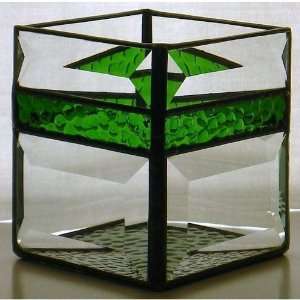   Candle Holder stained glass clear green bevels 4 sided: Home & Kitchen