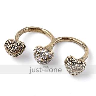   Exquisite Retro Vintage Style Golden 2 Fingers w 3 Hearts in 1  
