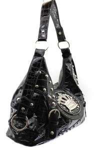 NEW! Western Rock Faux Patent Leather Rhinestone Crown Handbag Purse 
