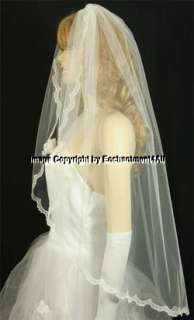 IVORY WEDDING BRIDAL VEIL FINGERTIP EMBROIDERED LACE 12  