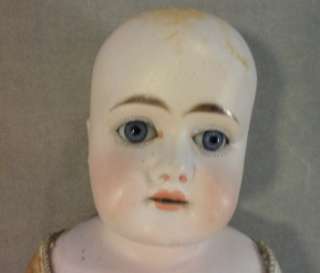 19 Antique German Bisque Doll w/ Blue Eyes Leather Body  