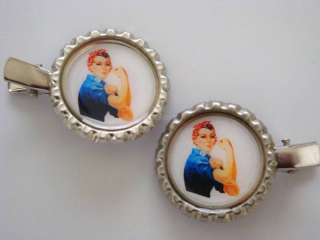 ROSIE THE RIVETER BOTTLE CAP HAIR CLIPS BARRETTES PINS  