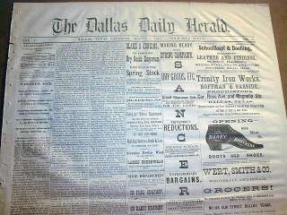 Rare original 1876 newspaper DALLAS Texas   135 yrs old  