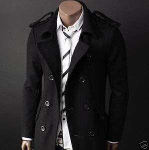 Doublju1 Mens Casual Double PEA Wool Trench Coat BLACK (W2B)  