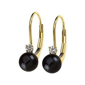    14K Yellow Gold Diamond Black Pearl Leverback Earrings: Jewelry