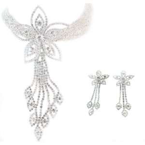  Silver Tone Flower Choker Bridal,Summer Necklace Earrings 