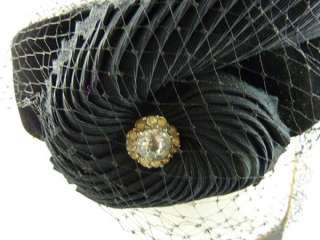 Vintage Black Velvet Hat With Veil And Rhinestones BEAUTIFUL  