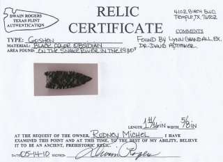 Goshen Dart Point made of black obsidian, G7.10. NWAC COEP, Rogers COA 