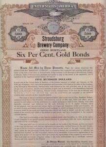 Stroudsburg Brewery Co PA 1914 Stock (Bond) Certificate  