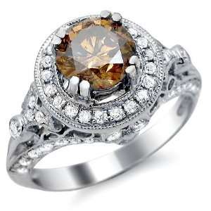  1.80ct Brown Round Diamond Engagement Ring 14k White Gold 